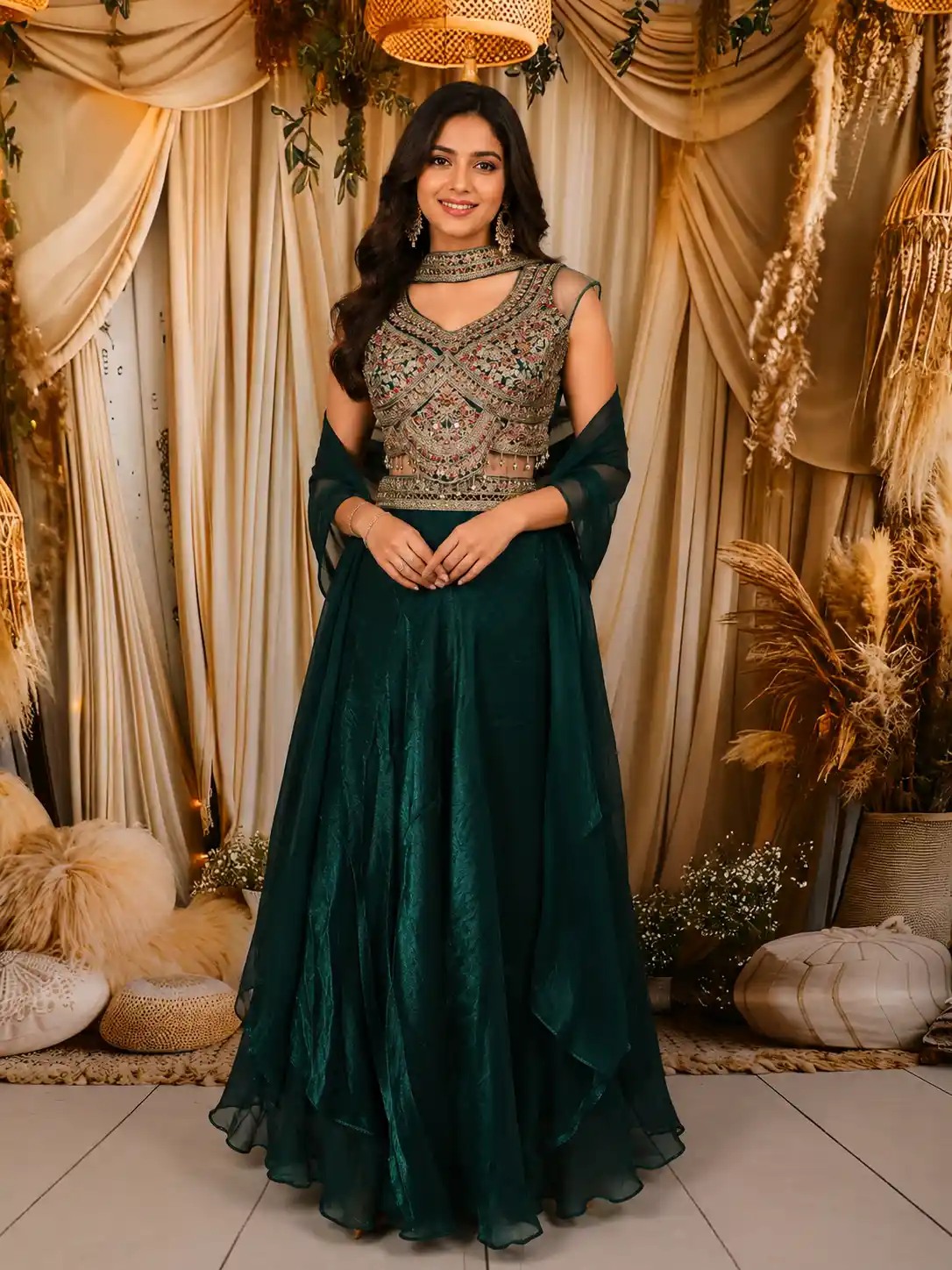 Peacock Blue Floral Sequins Embroidered Design Organza Lehenga with Choker Dupatta